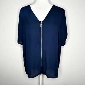 MICHAEL Michael Kors Womens Blue V-Neck Zip Up Short Sleeve Top Blouse Size L